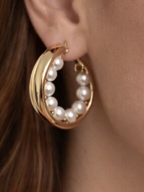 Joe Fresh Goldtone Pearl Fashion Hoop Earrings NWT MSRP $12